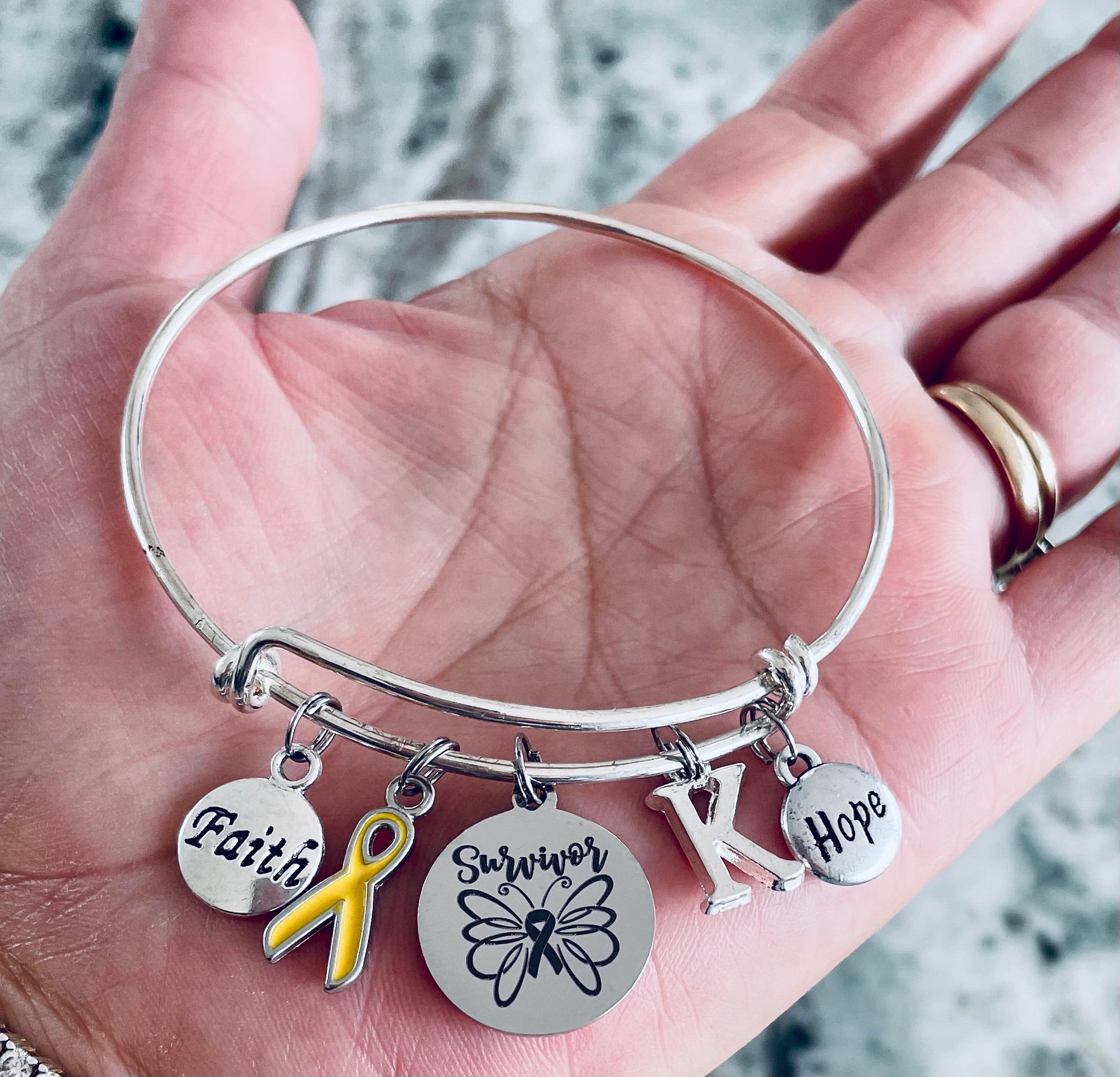 Yellow Awareness Ribbon Bracelet – Survivor Charm Bangle with Faith, Hope & Personalized Initial | Expandable Silver Bracelet