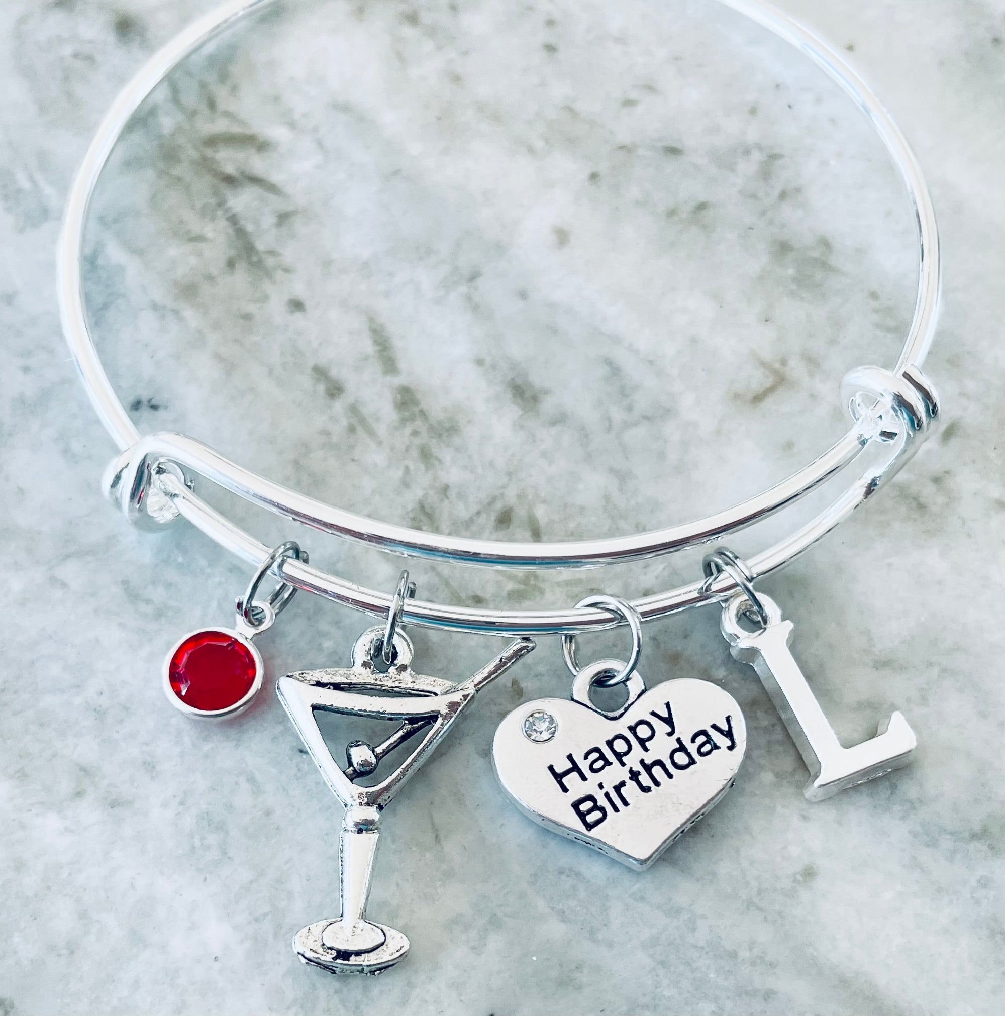 Martini Glass Happy Birthday Expandable Silver Charm Bracelet Adjustable Bangle Gift Drink