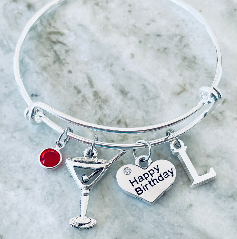 Martini Glass Happy Birthday Expandable Silver Charm Bracelet Adjustable Bangle Gift Drink