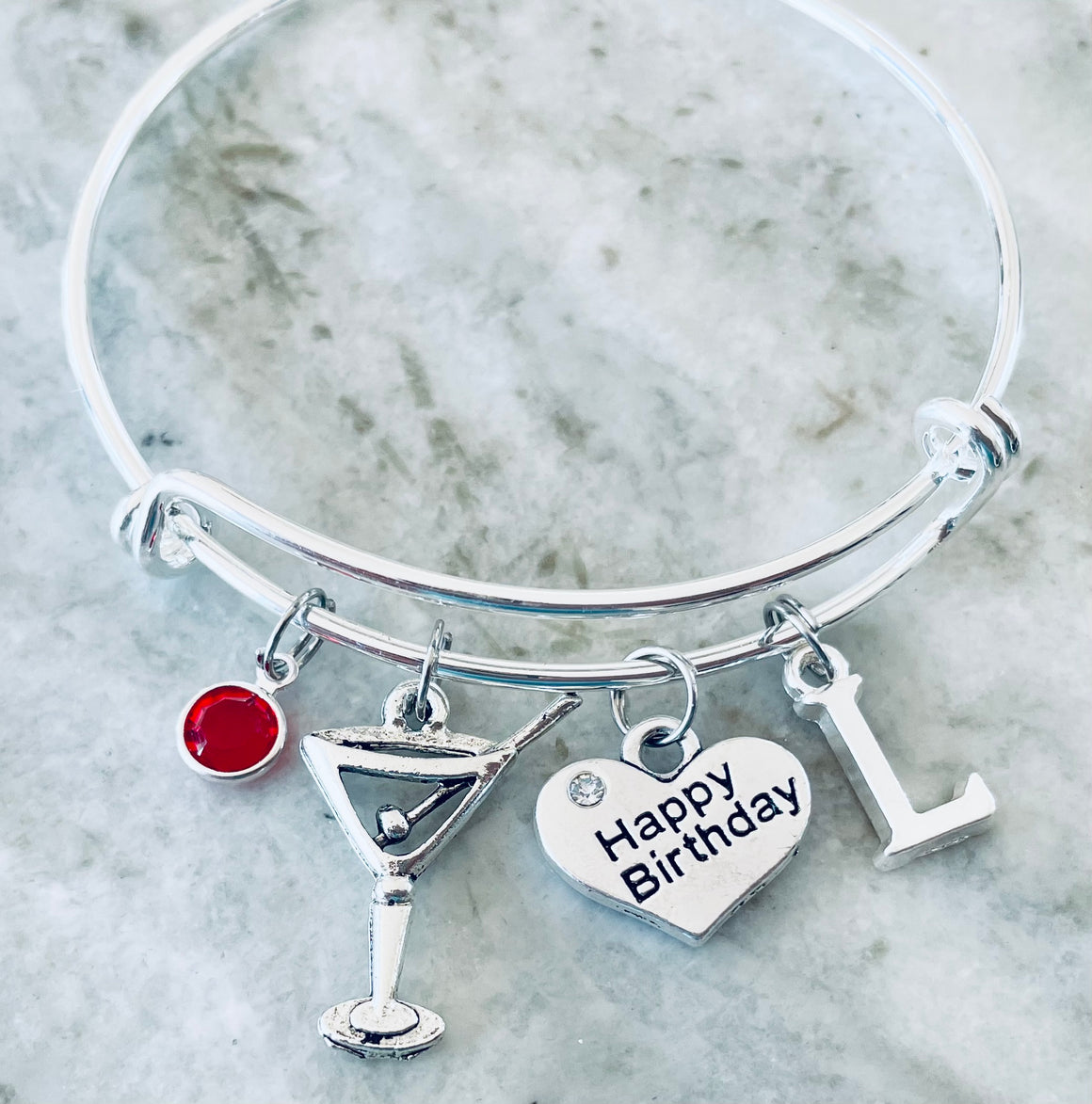 Martini Glass Happy Birthday Expandable Silver Charm Bracelet Adjustable Bangle Gift Drink