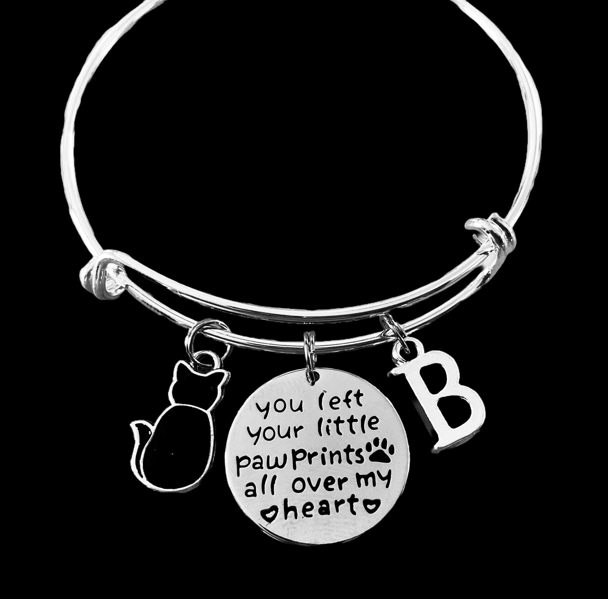 You Left Your Little Paw Prints All Over My Heart Black Cat Expandable Charm Bracelet Adjustable Wire Silver Bangle Meaningful Kitten Animal Lover Gift