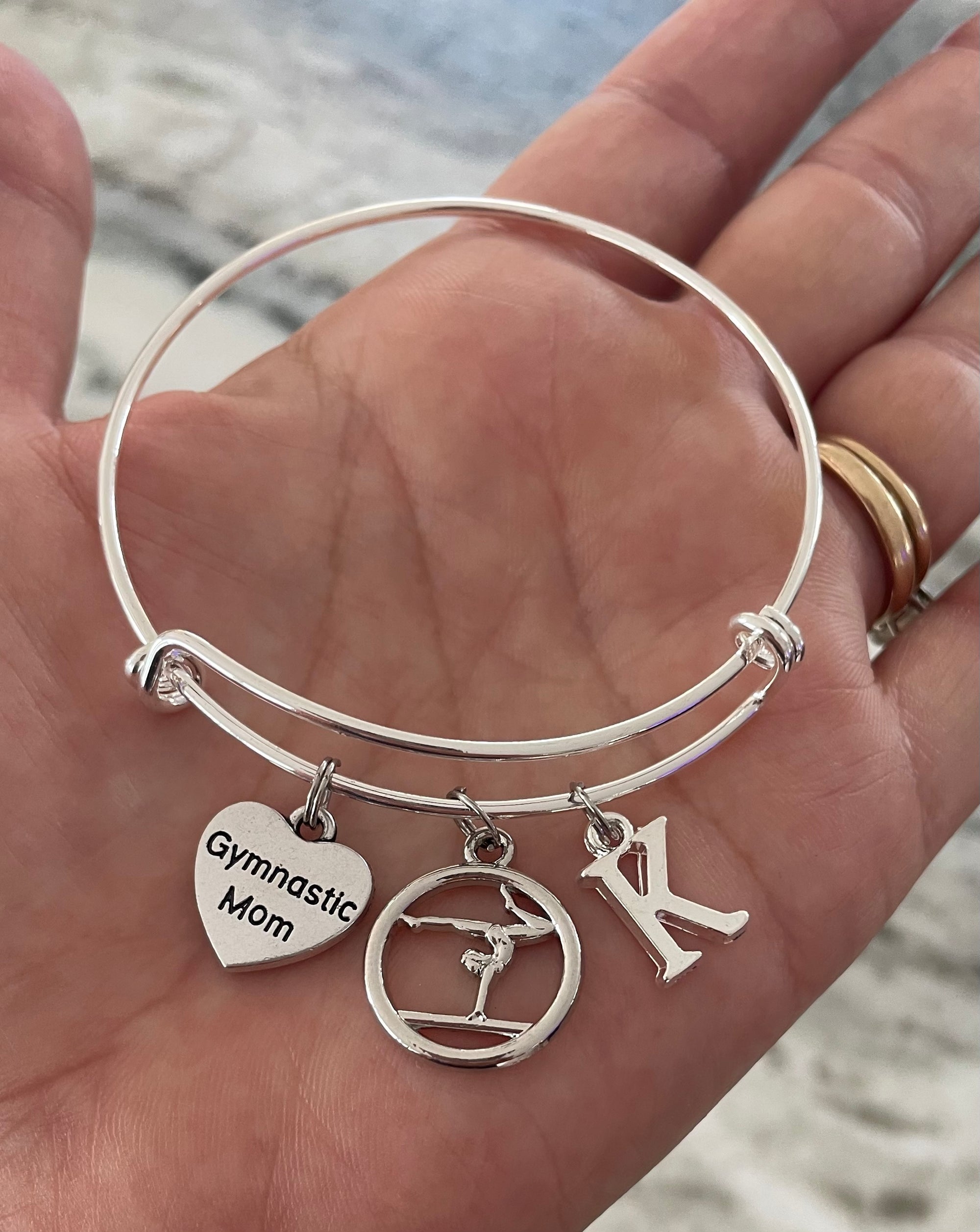 Gymnastics Mom Silver Expandable Charm Bracelet Sports Team Coach Gift Adjustable Wire Bangle