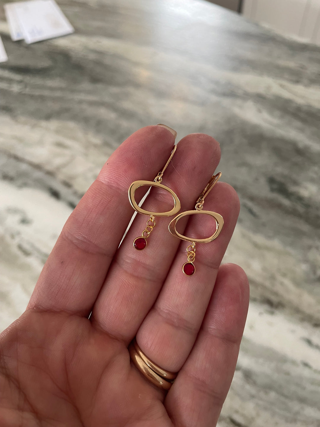 Gold Filled Dangle Earrings with Ruby Drop Lever back