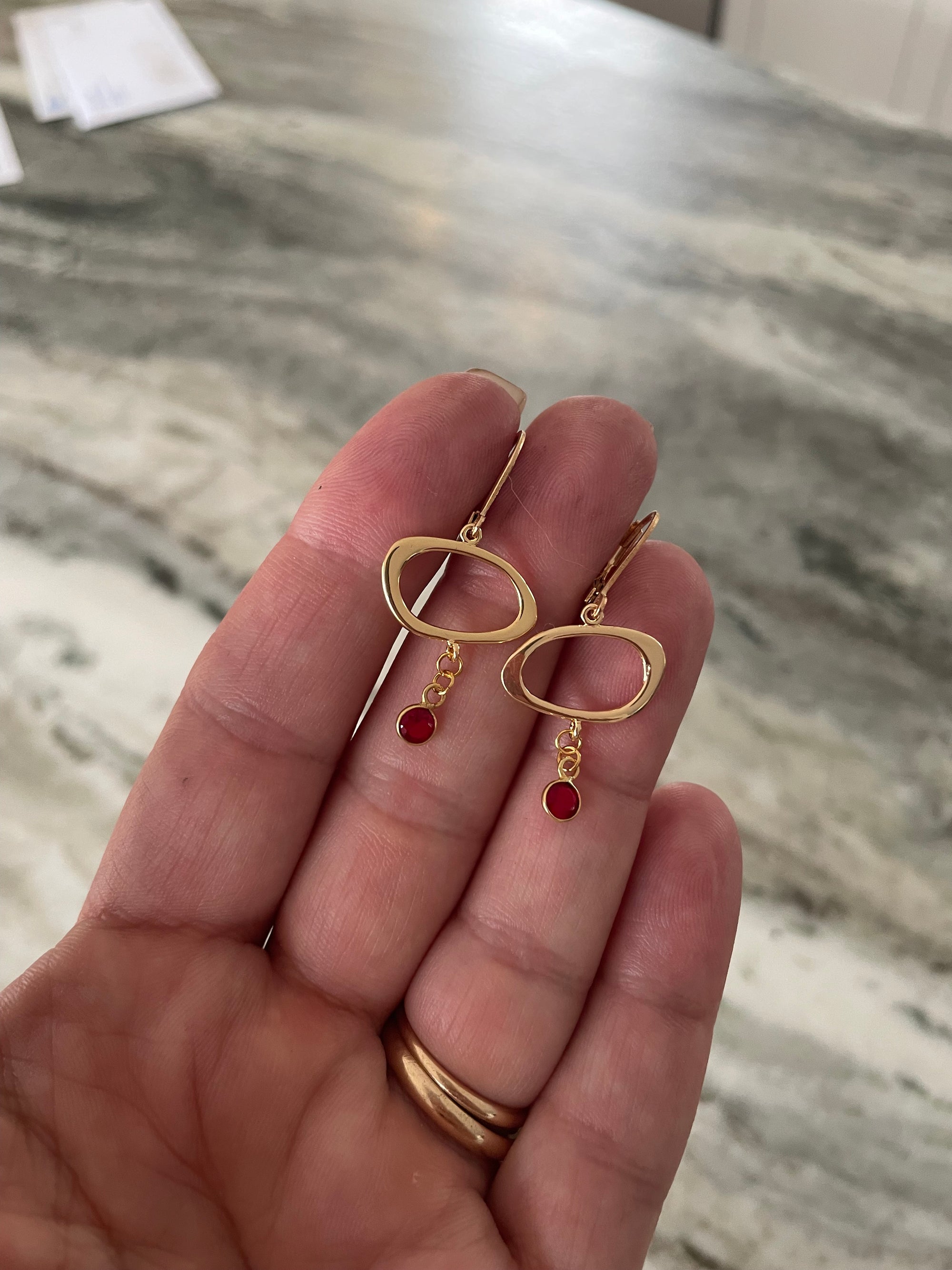 Gold Filled Dangle Earrings with Ruby Drop Lever back