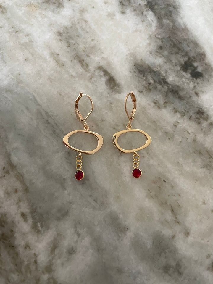 Gold abstract Dangle Earrings with Ruby Gem