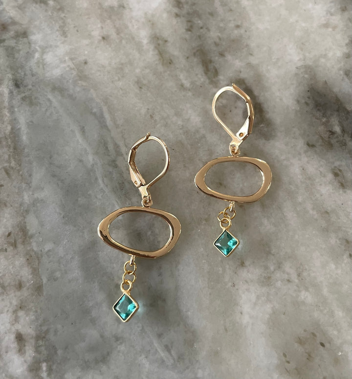 Gold Filled Dangle Earrings with Aqua Blue Crystal – Lightweight Modern Oval Drop Earrings