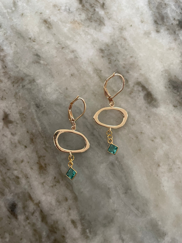 Gold Filled Dangle Earrings with Aqua Blue Crystal – Lightweight Modern Oval Drop Earrings