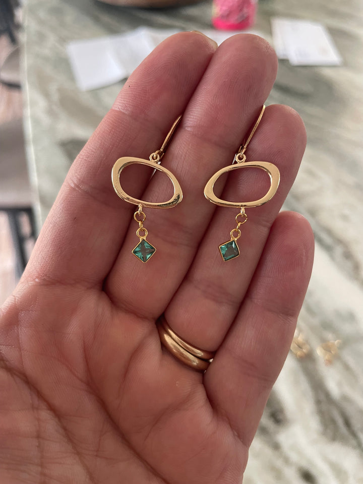 Gold Filled Dangle Earrings with Aqua Blue Crystal – Lightweight Modern Oval Drop Earrings
