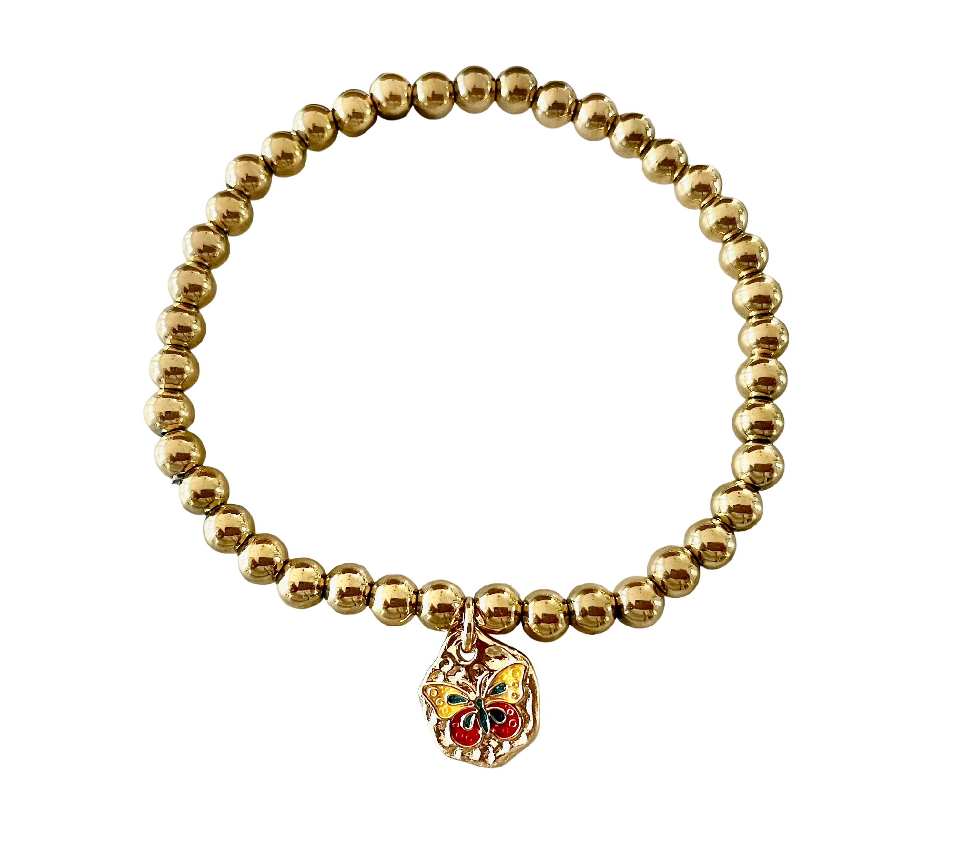 Gold Bead Bracelet with Gold-Filled Butterfly Charm – Stretch Stacking Bracelet for Women