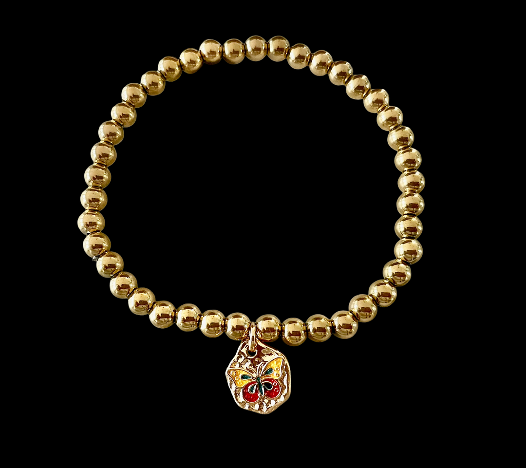 Gold Bead Bracelet with Gold-Filled Butterfly Charm – Stretch Stacking Bracelet for Women