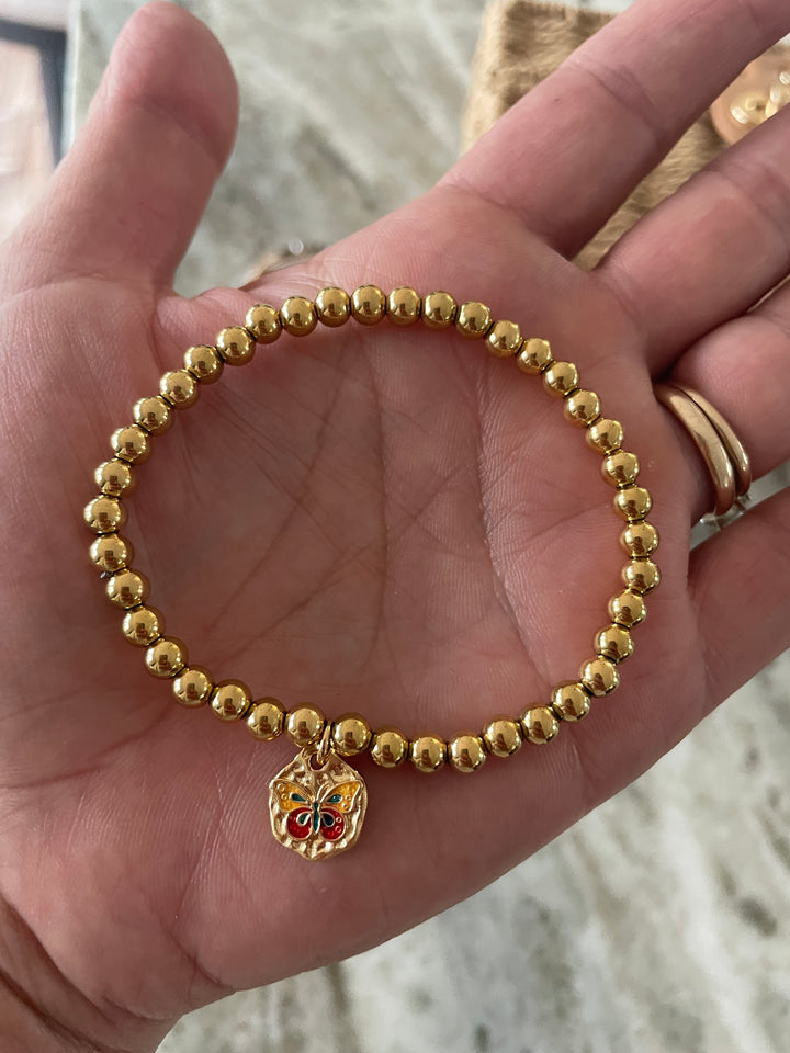 Gold Bead Bracelet with Gold-Filled Butterfly Charm – Stretch Stacking Bracelet for Women