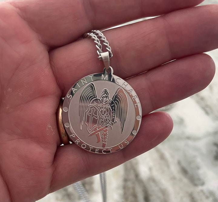 Silver Saint Michael pendant Mens Medal Necklace