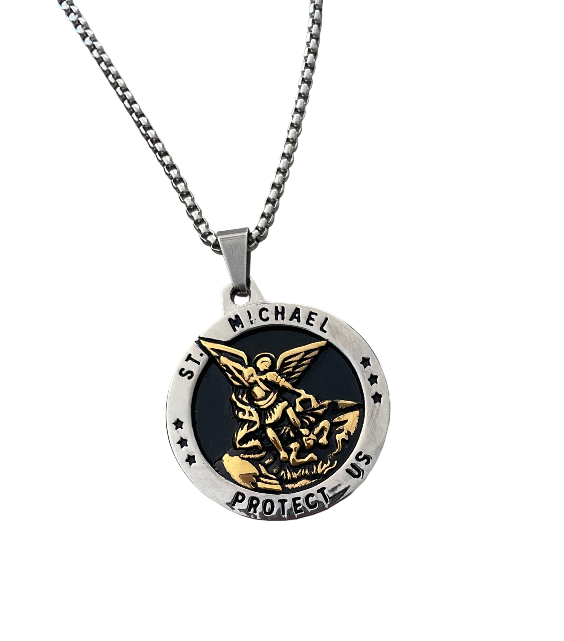 St. Michael "Protect Us" Necklace – Two-Tone Catholic Medal Pendant on Stainless Steel Chain