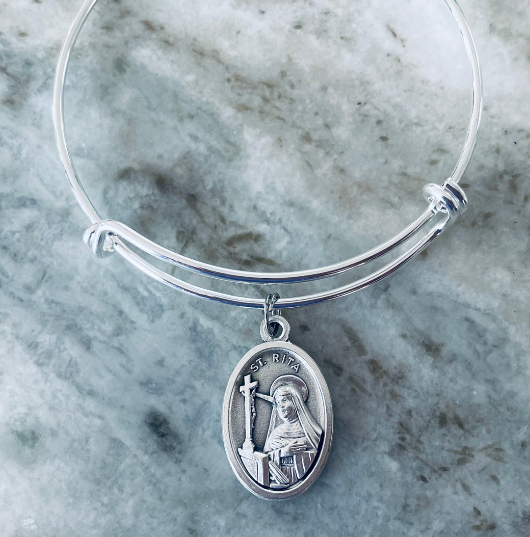 Patron Saint of the Impossible St. Rita Silver Expandable Bracelet Double Sided Adjustable Wire Bangle Catholic Medal Gift Trendy