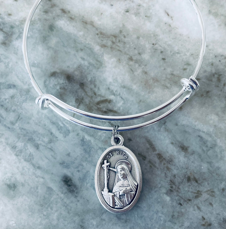 Patron Saint of the Impossible St. Rita Silver Expandable Bracelet Double Sided Adjustable Wire Bangle Catholic Medal Gift Trendy