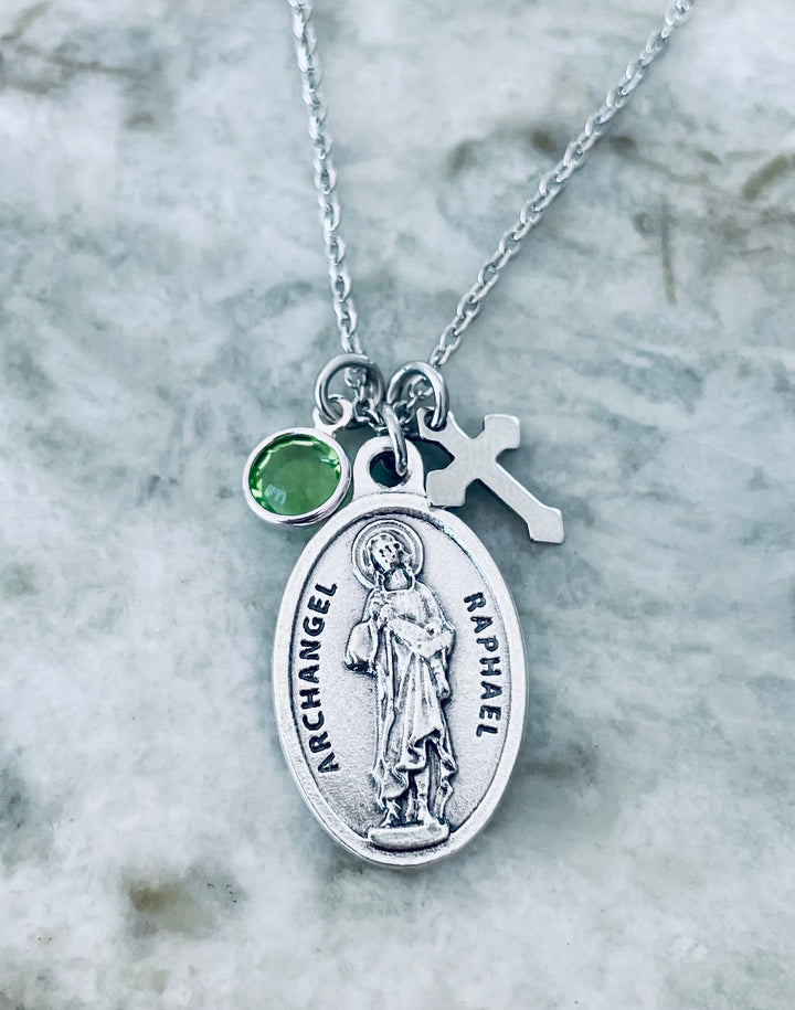 Archangel Raphael Necklace – Silver Oxidized Medal Healing Saint Raphael Saint of Travel – Catholic Gift