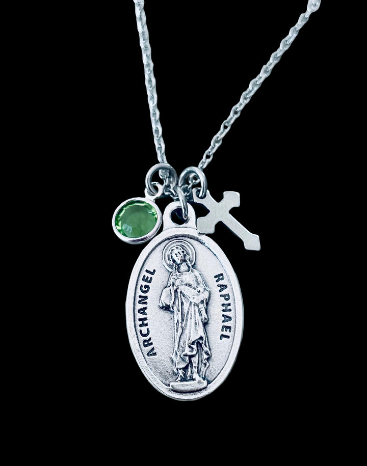 Archangel Raphael Necklace – Silver Oxidized Medal Healing Saint Raphael Saint of Travel – Catholic Gift