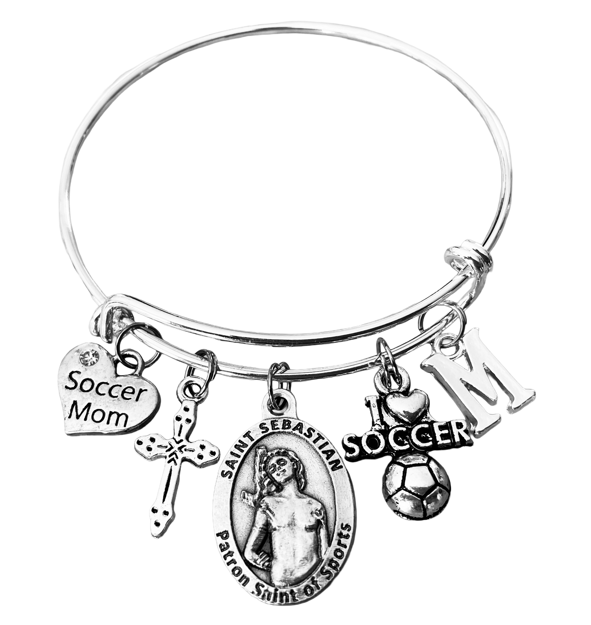 Silver expandable charm bracelet featuring a Saint Sebastian medal, Soccer Mom heart charm, cross, soccer ball charm, and personalized initial