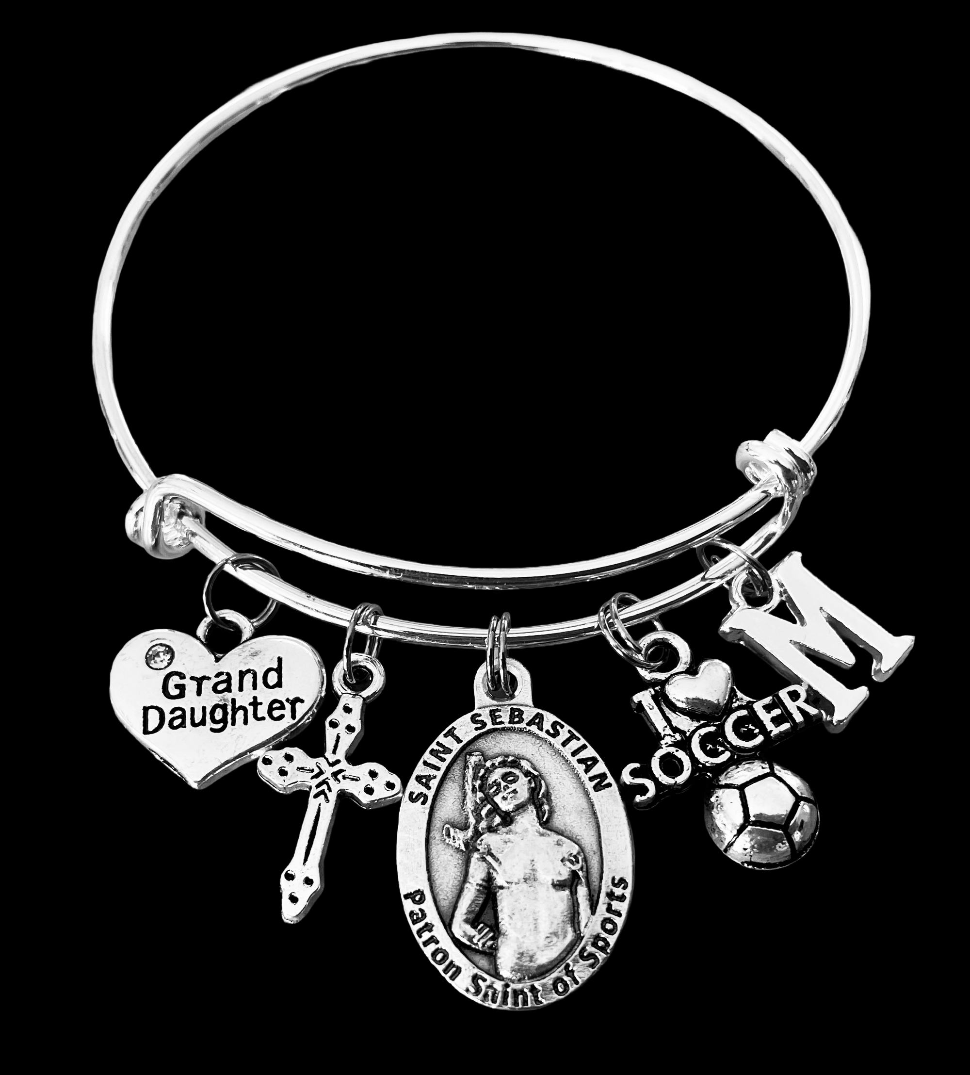 Granddaughter Charm Bracelet – Saint Sebastian Sports Medal – Soccer, Cross & Faith Charms – Adjustable Silver Bangle