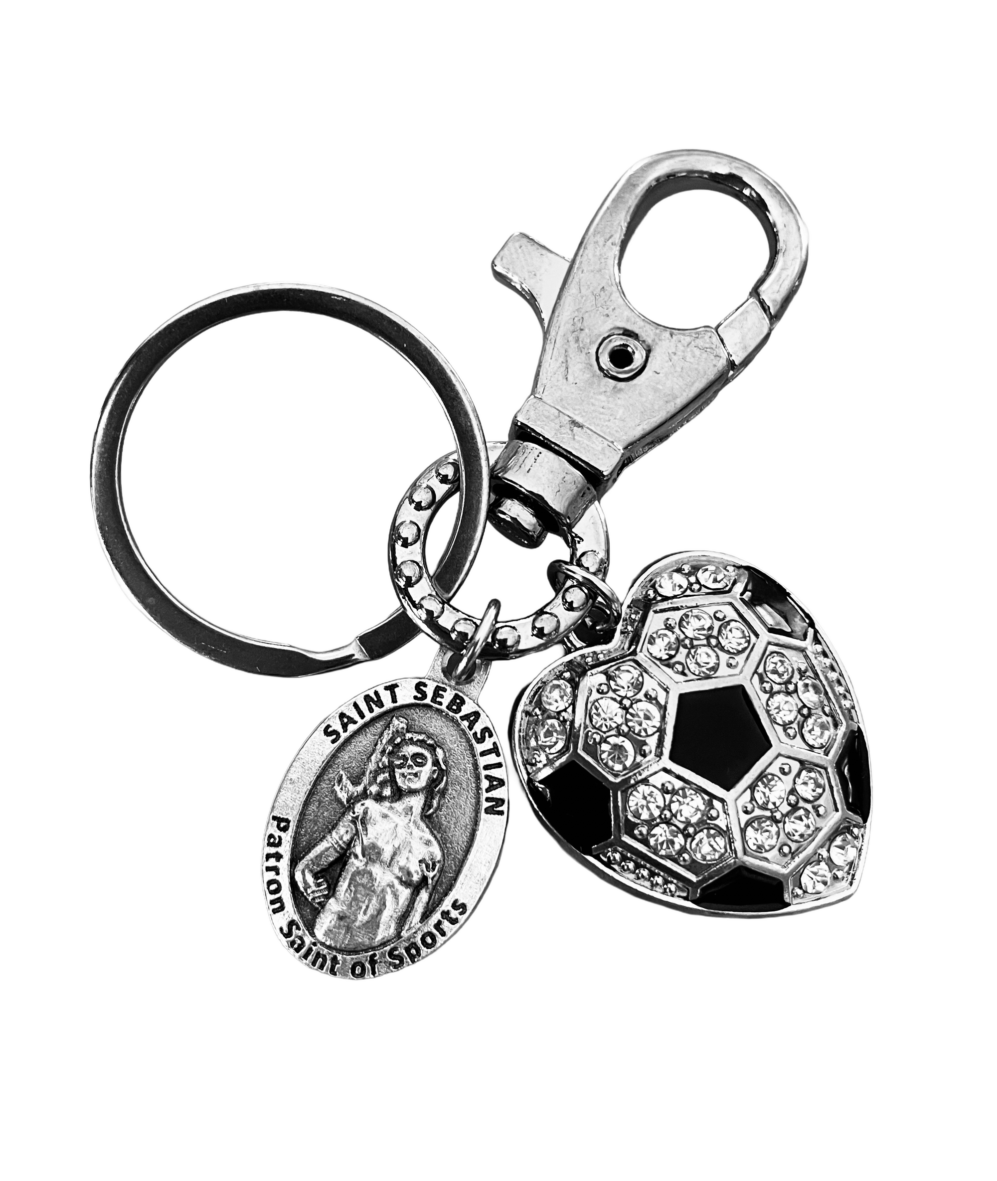 Saint Sebastian Patron Saint of Sports Keychain – Heart Soccer Ball Charm – With God All Things Are Possible – Christian Athlete Gift