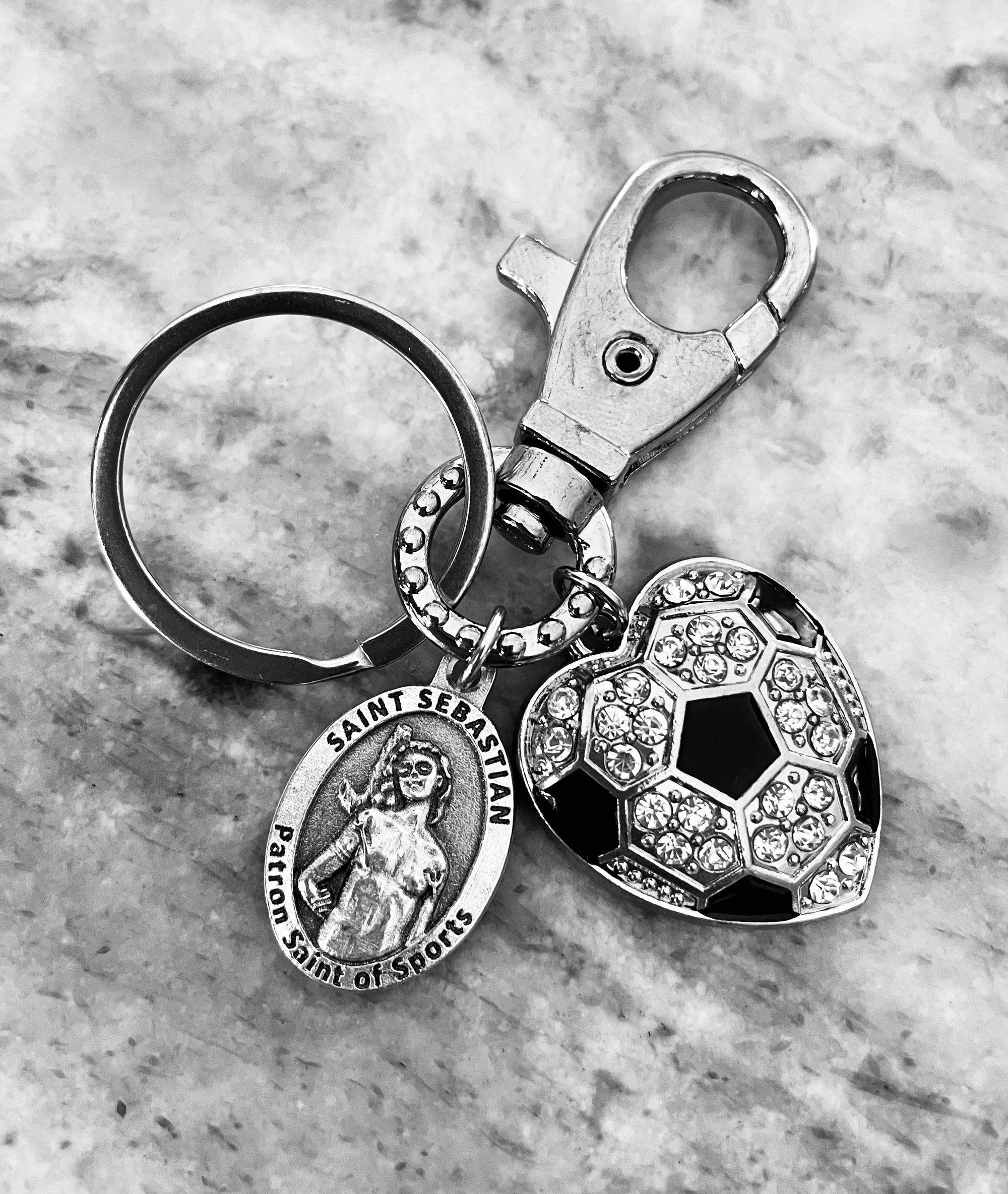 Saint Sebastian Patron Saint of Sports Keychain – Heart Soccer Ball Charm – With God All Things Are Possible – Christian Athlete Gift