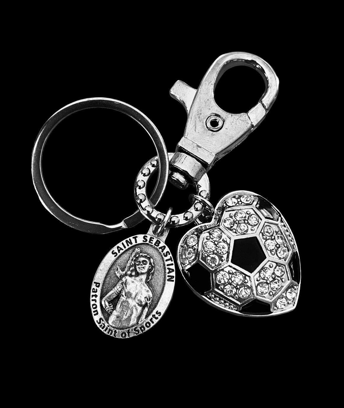 Saint Sebastian Patron Saint of Sports Keychain – Heart Soccer Ball Charm – With God All Things Are Possible – Christian Athlete Gift