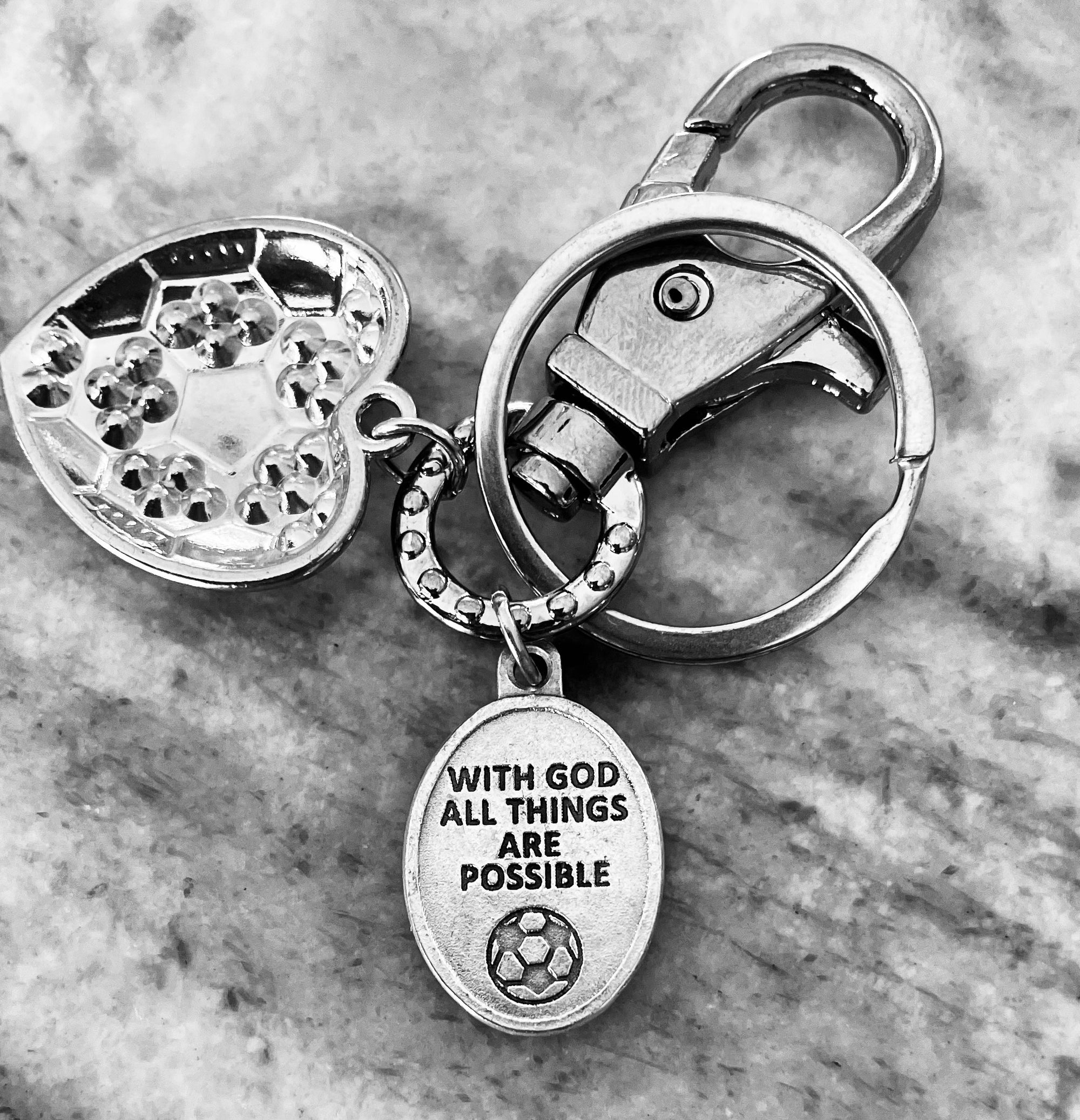 Saint Sebastian Patron Saint of Sports Keychain – Heart Soccer Ball Charm – With God All Things Are Possible – Christian Athlete Gift