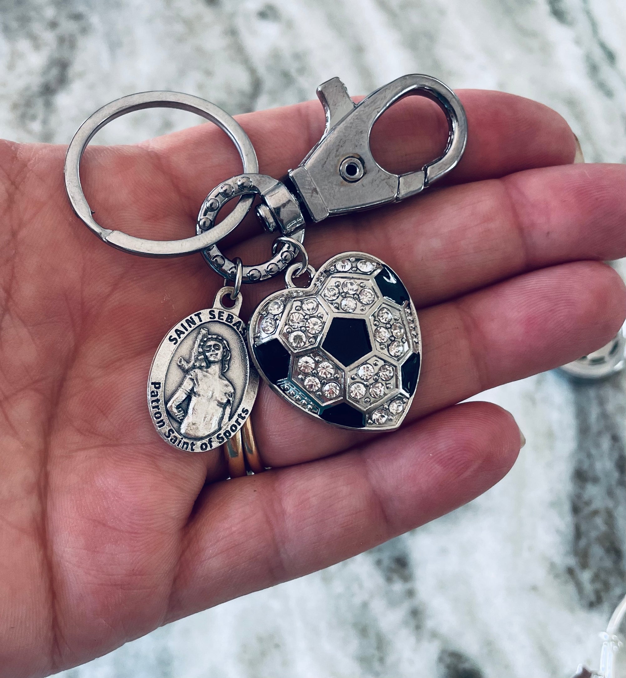 Saint Sebastian Patron Saint of Sports Keychain – Heart Soccer Ball Charm – With God All Things Are Possible – Christian Athlete Gift