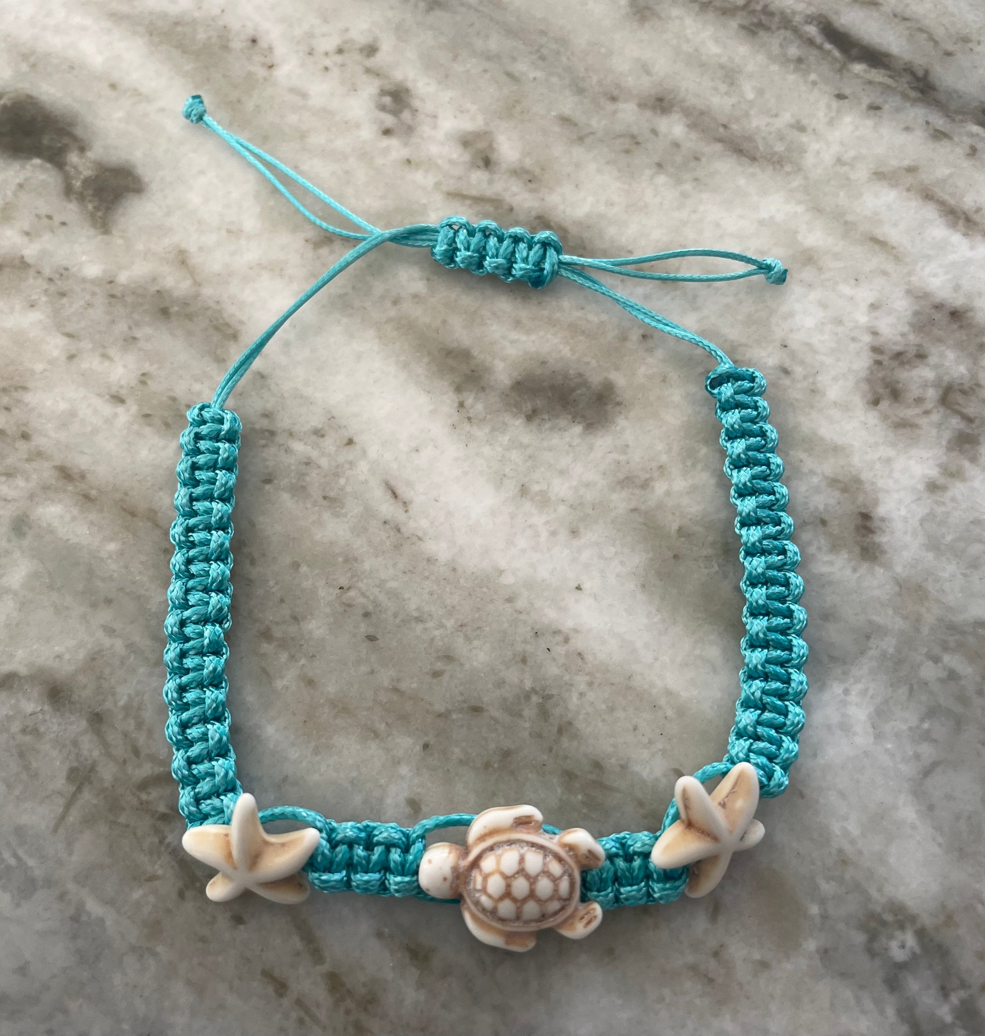 Turquoise Turtle and Starfish Anklet – Adjustable Braided Cord Beach Jewelry, Ocean-Inspired Anklet for Women & Teens (Fits up to 11 Inches)