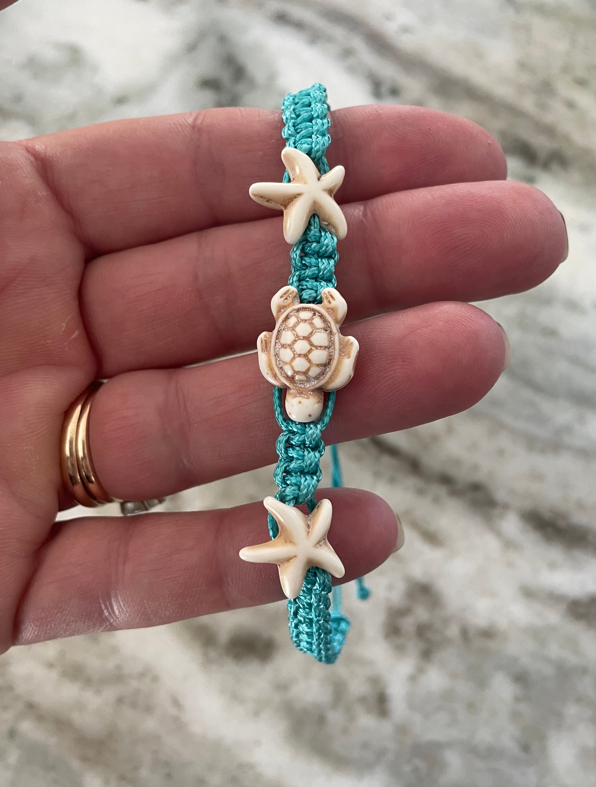 Turquoise Turtle and Starfish Anklet – Adjustable Braided Cord Beach Jewelry, Ocean-Inspired Anklet for Women & Teens (Fits up to 11 Inches)