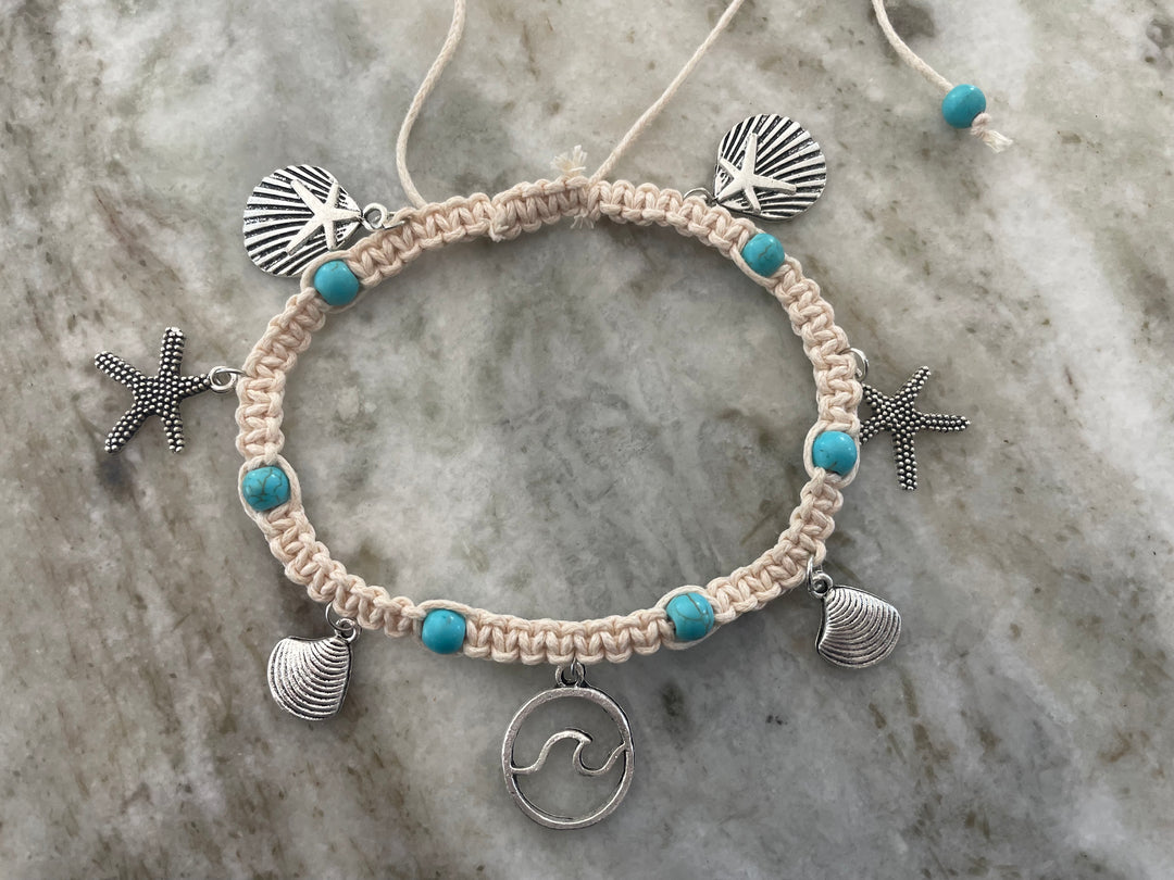 ankle Bracelet with starfish, shell, and wave charm adjustable hemp macrame