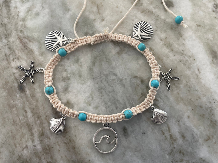 ankle Bracelet with starfish, shell, and wave charm adjustable hemp macrame