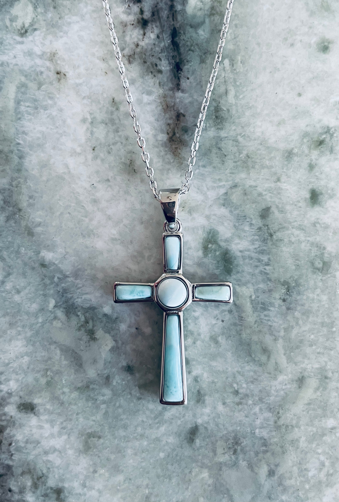 Larimar Cross Necklace – Sterling Silver 