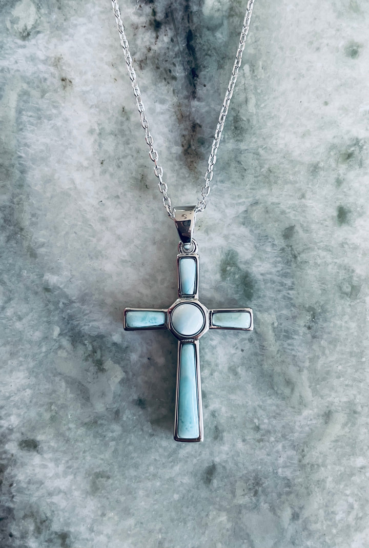 Larimar Cross Necklace – Sterling Silver 
