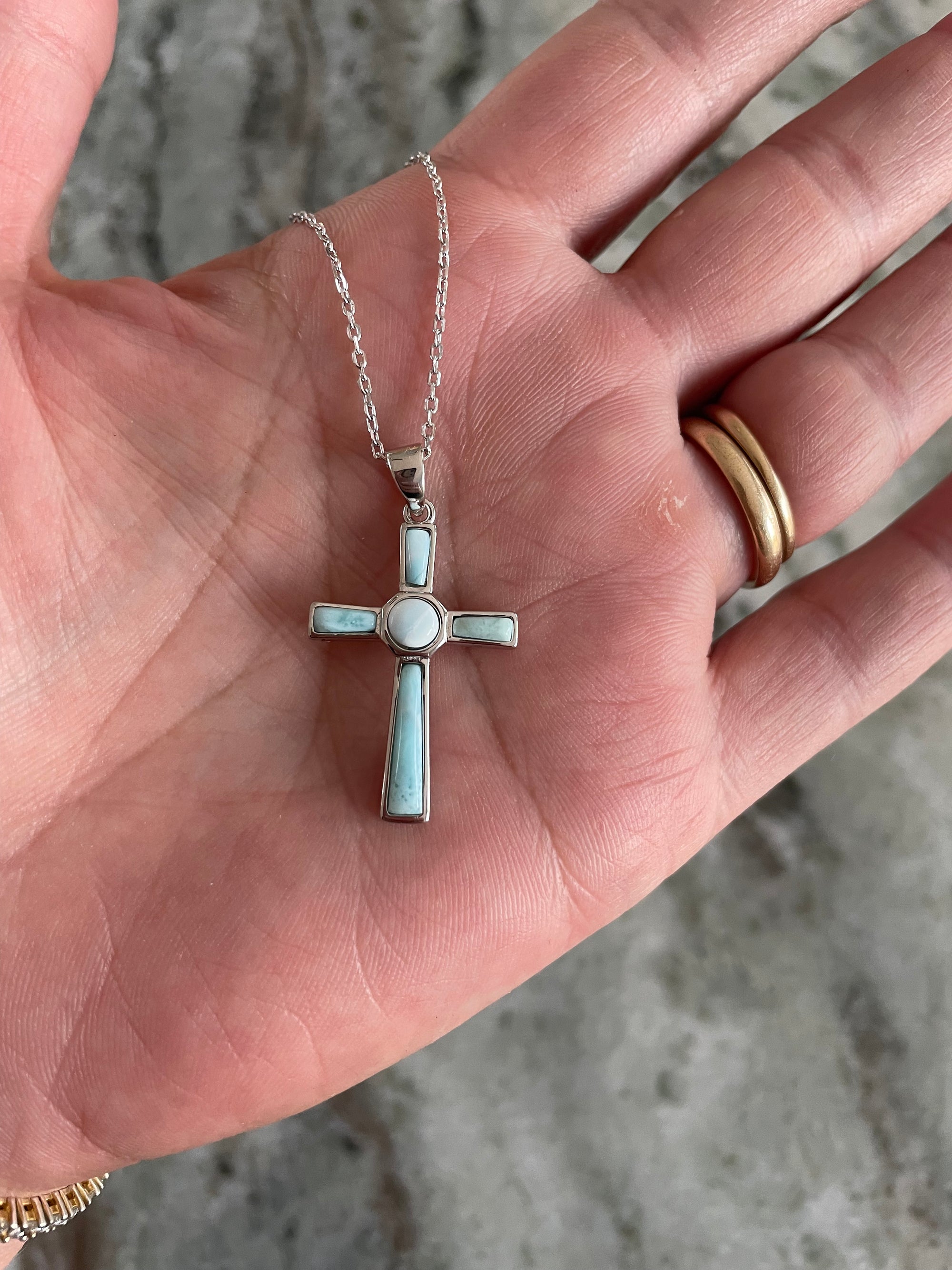 Larimar Cross Necklace – Sterling Silver 