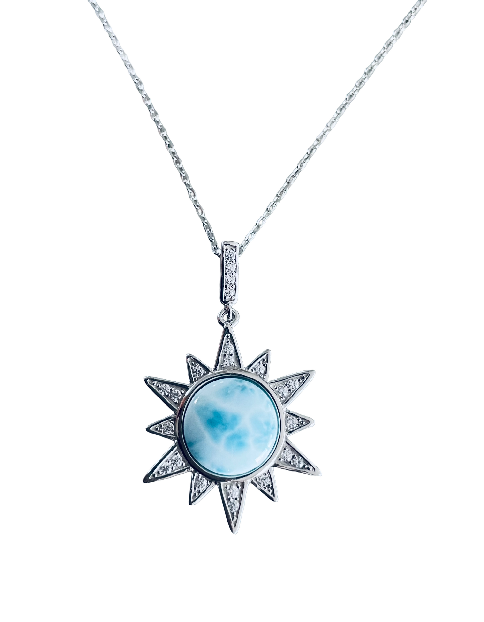 Sunshine Larimar Necklace – Sterling Silver Sun Pendant with Genuine Larimar Gemstone