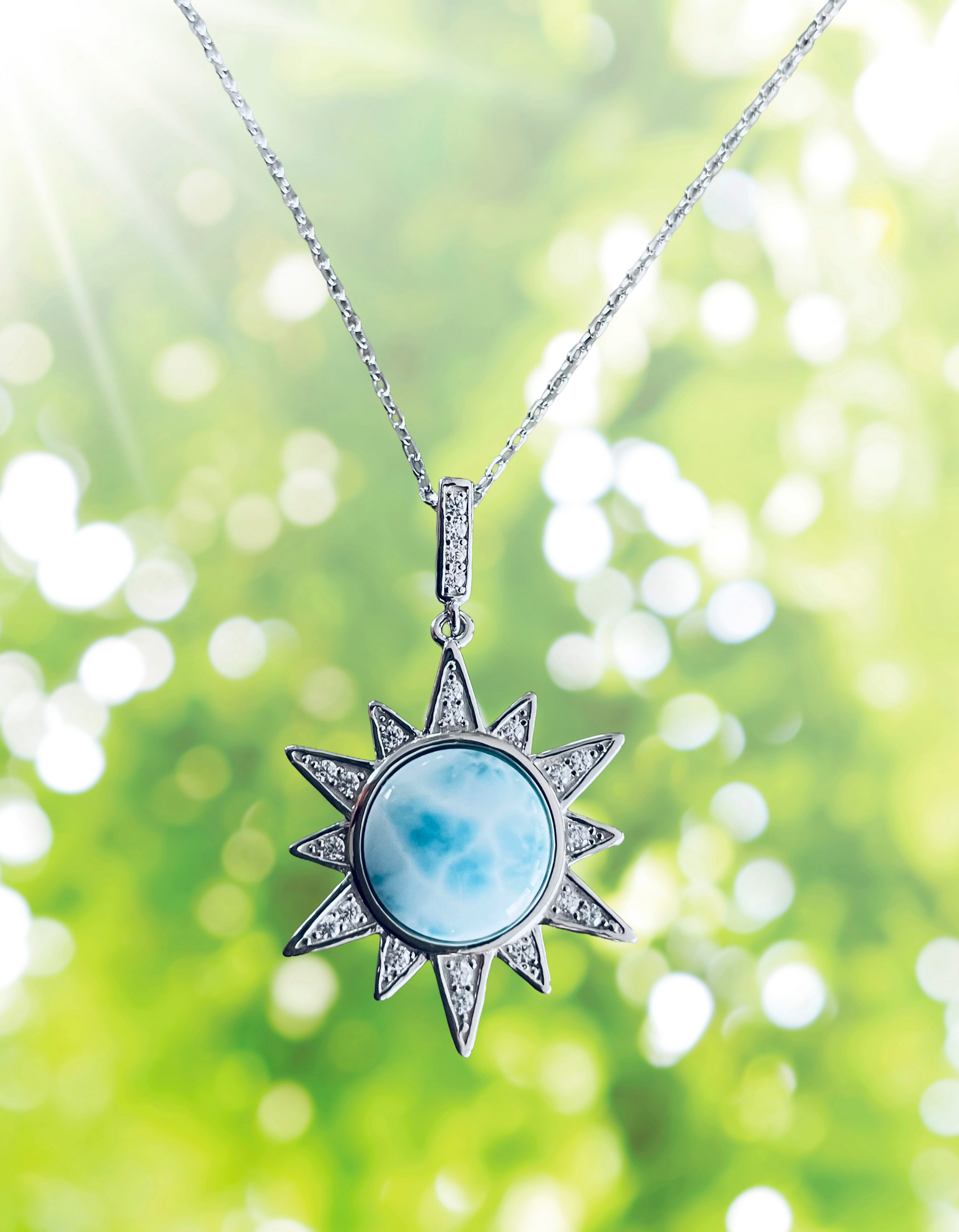 Sunshine Larimar Necklace – Sterling Silver Sun Pendant with Genuine Larimar Gemstone