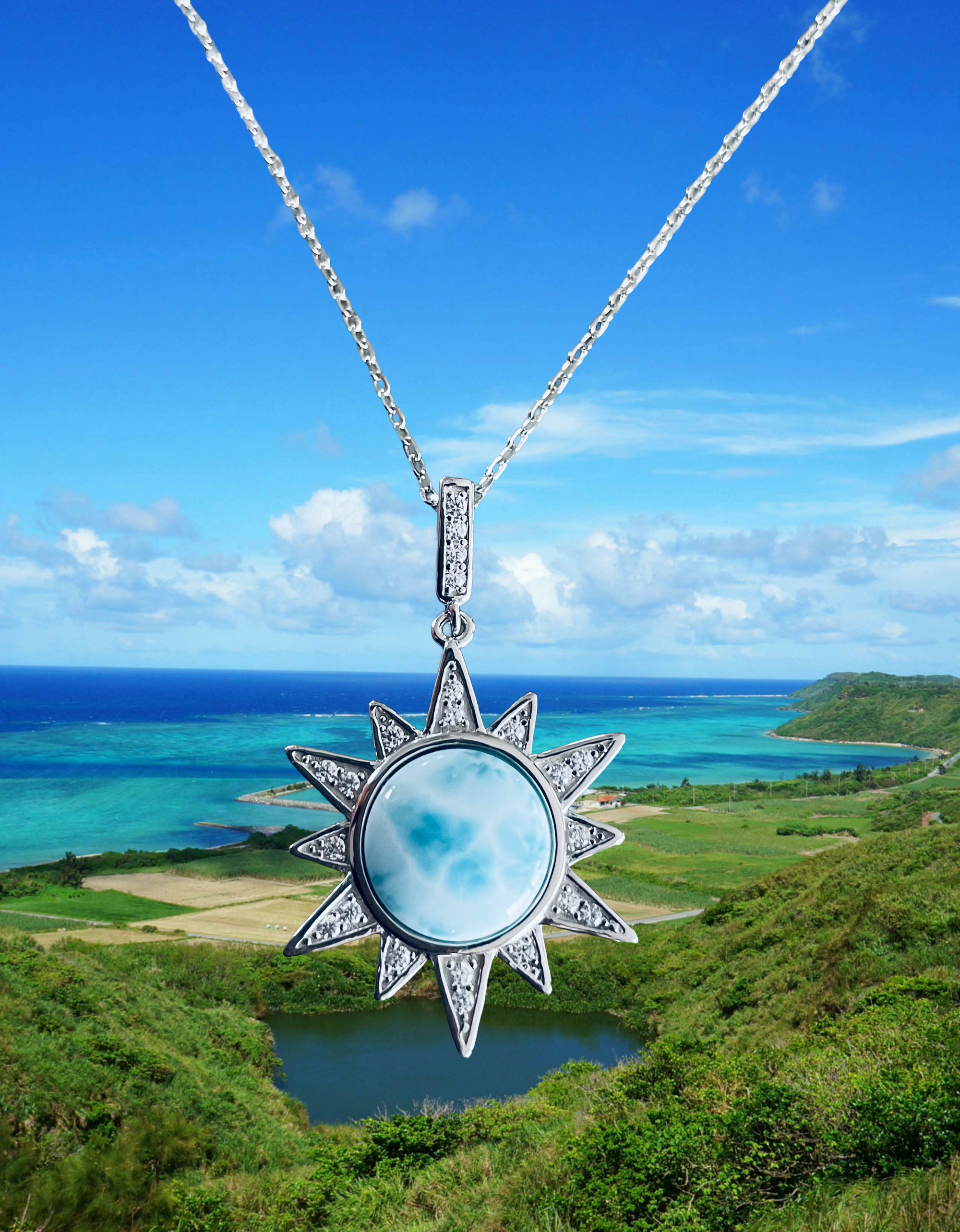 Sunshine Larimar Necklace – Sterling Silver Sun Pendant with Genuine Larimar Gemstone