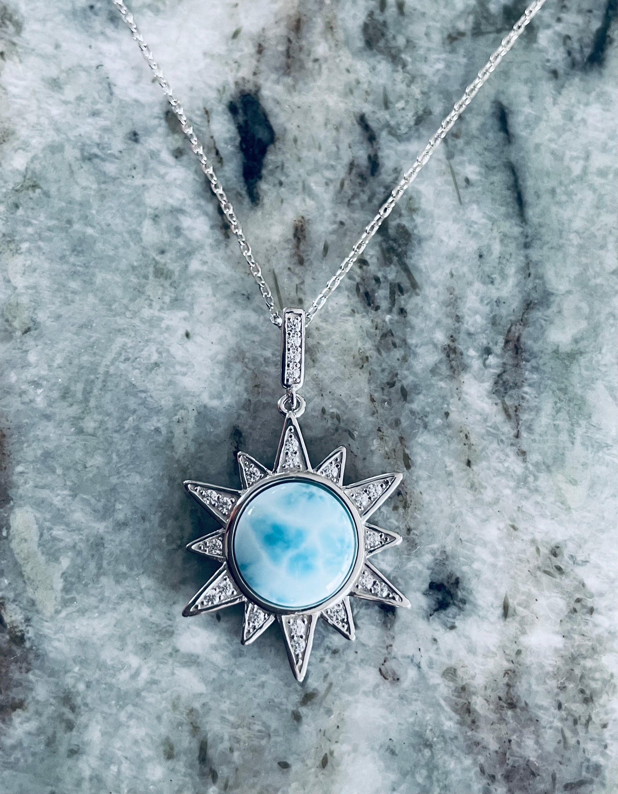 Sunshine Larimar Necklace – Sterling Silver Sun Pendant with Genuine Larimar Gemstone