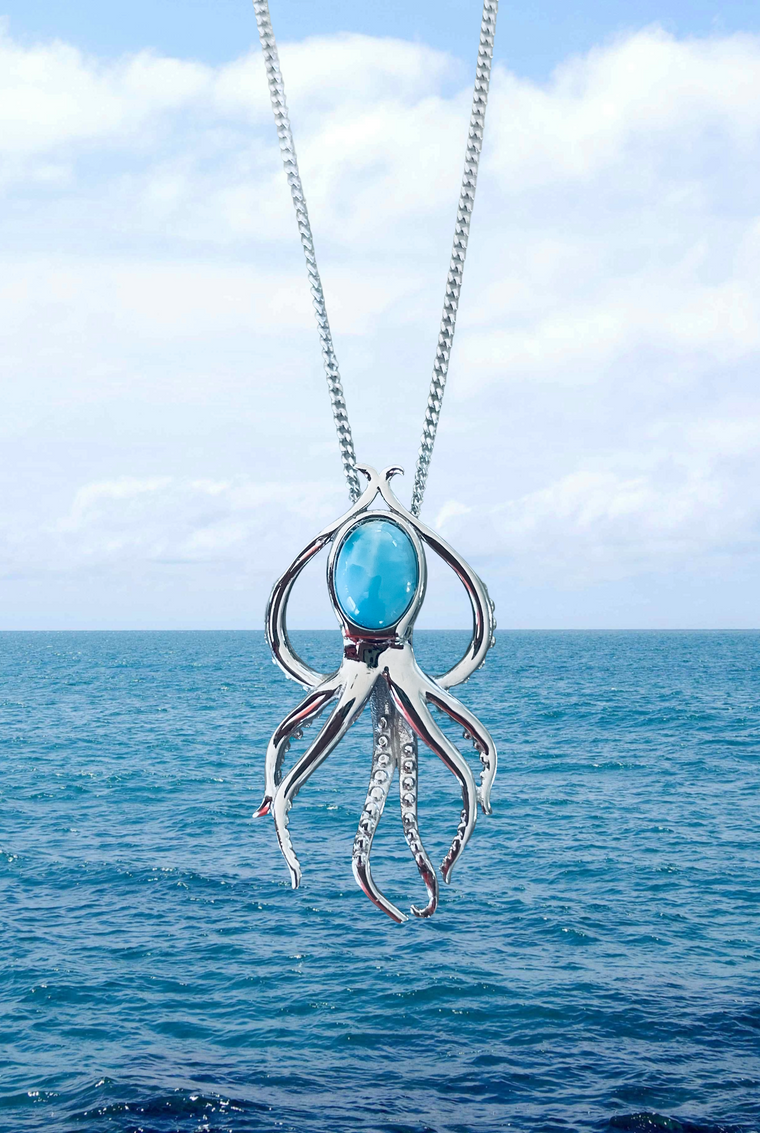 Larimar Octopus Necklace – 925 Sterling Silver Ocean Pendant (30mm x 15mm)
