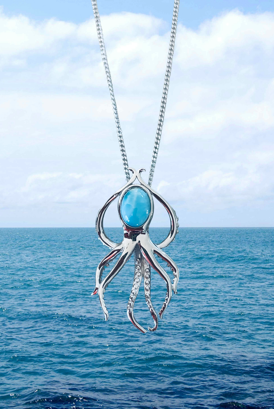 Larimar Octopus Necklace – 925 Sterling Silver Ocean Pendant (30mm x 15mm)