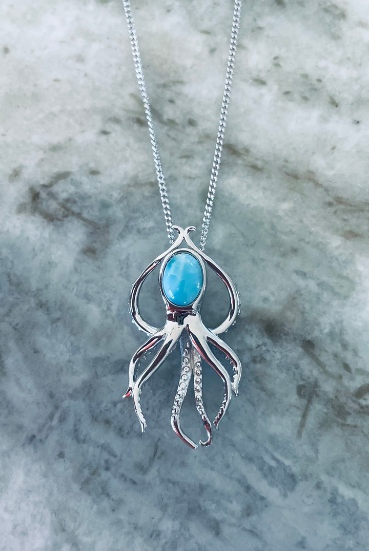 Larimar Octopus Necklace – 925 Sterling Silver Ocean Pendant (30mm x 15mm)