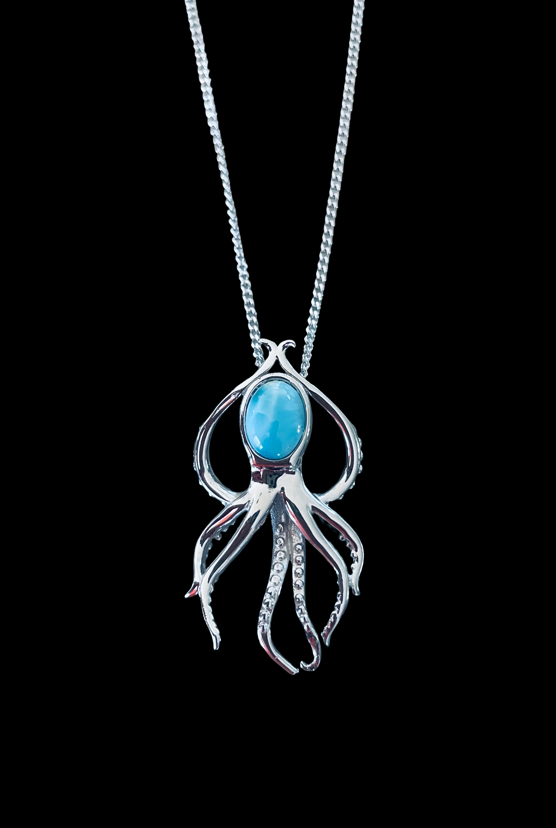 Larimar Octopus Necklace – 925 Sterling Silver Ocean Pendant (30mm x 15mm)