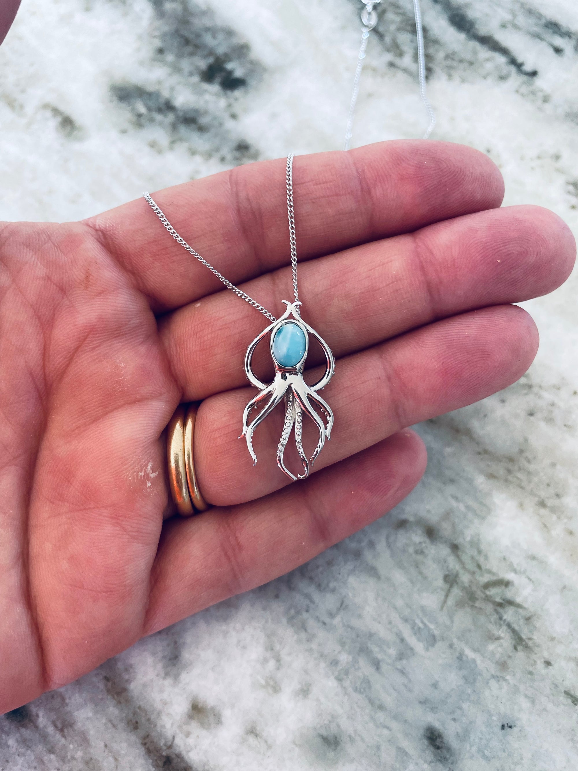 Larimar Octopus Necklace – 925 Sterling Silver Ocean Pendant (30mm x 15mm)