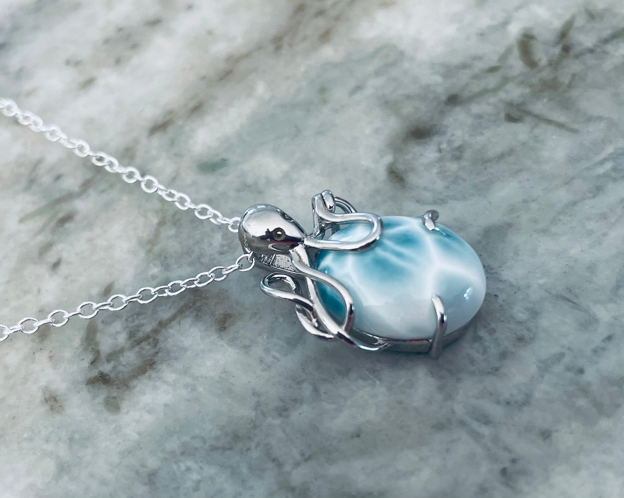 Larimar Octopus Pendant Necklace – 925 Sterling Silver Ocean Jewelry (20mm x 15mm)