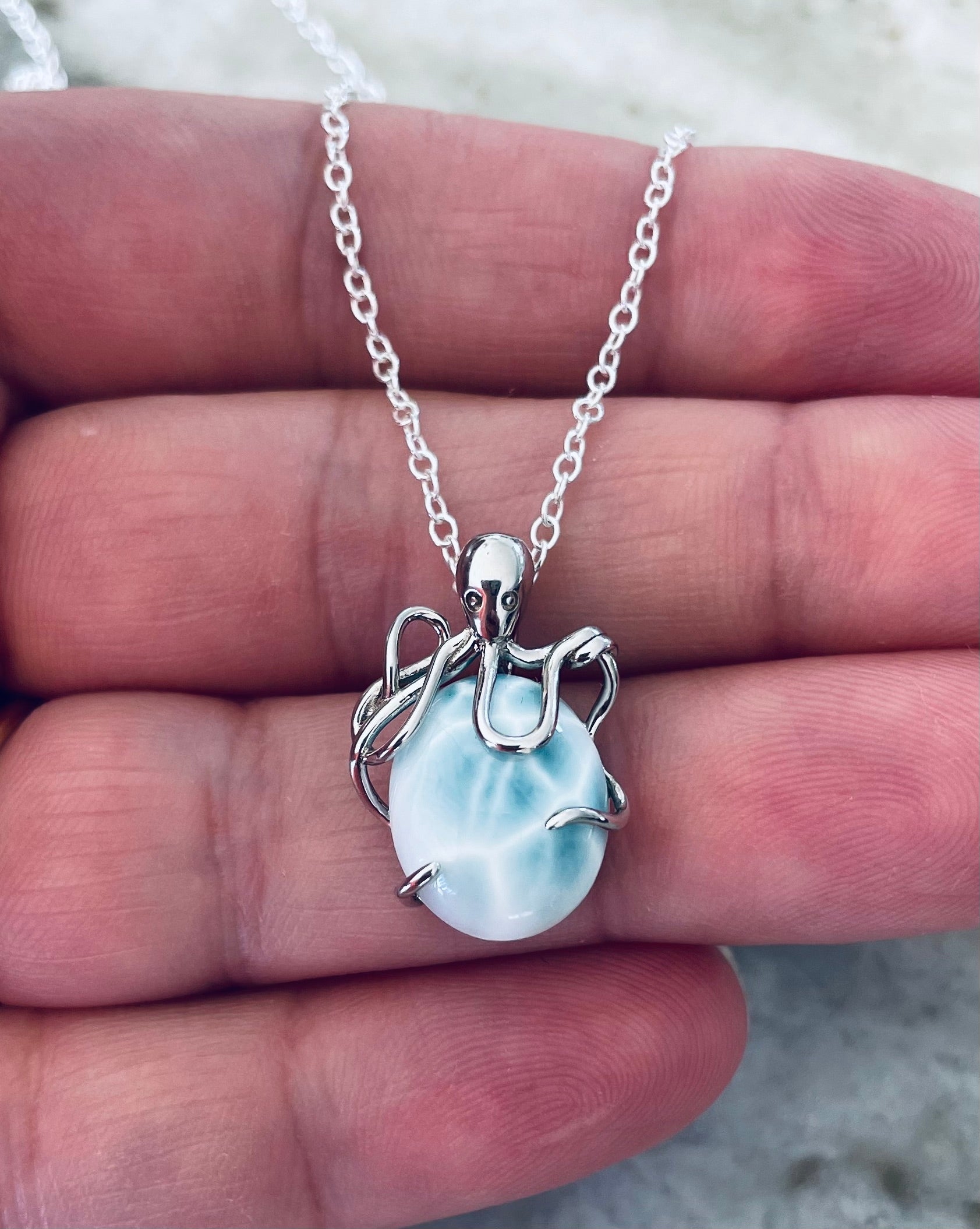 Larimar Octopus Pendant Necklace – 925 Sterling Silver Ocean Jewelry (20mm x 15mm)