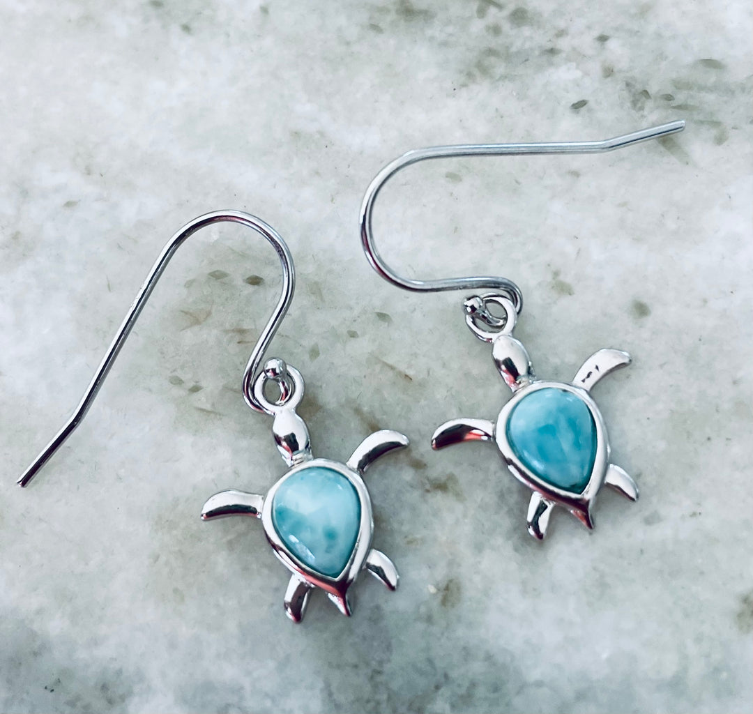 Sea Turtle Larimar Earrings - Handcrafted Sterling Silver Ocean Jewelry