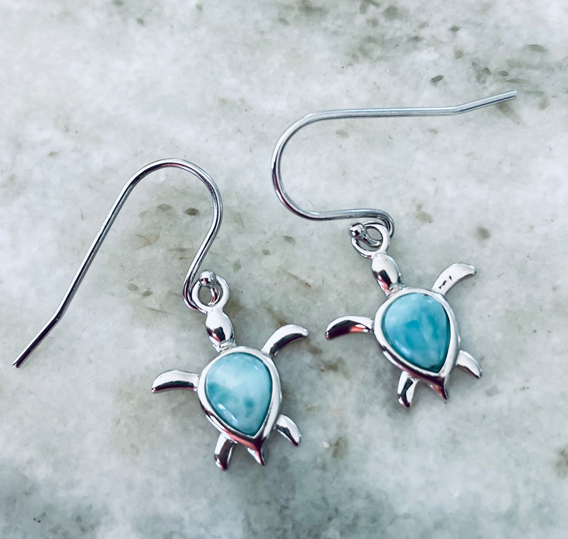 Larimar Turtle Earrings – 12x10mm Sea Turtle Design in 925 Sterling Silver