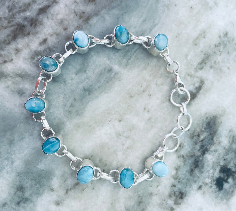 Oval Larimar Bracelet – 925 Sterling Silver Adjustable 8 Inch with Lobster Clasp