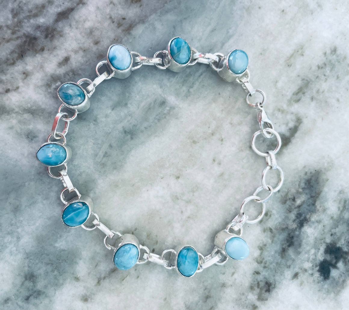 Oval Larimar Bracelet – 925 Sterling Silver Adjustable 8 Inch with Lobster Clasp